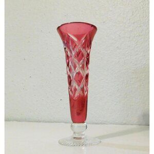 Vintage Cranberry Red Glass Bud Vase Diamond Cut Pattern Clear Pedestal Base